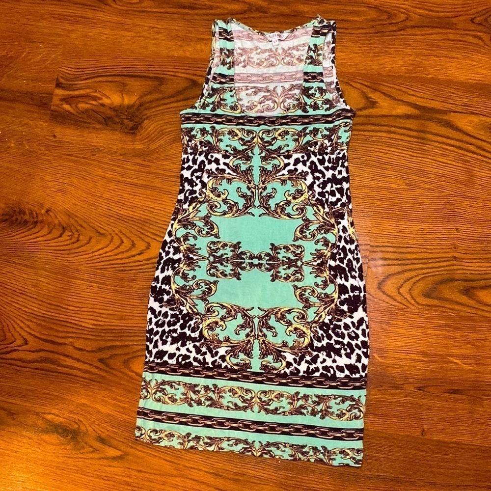 ๐ท Buffalo David Bitton ๐ท Y2K Sleeveless Green Gold Chain Geometric Pattern Dress - Picture 12 of 15